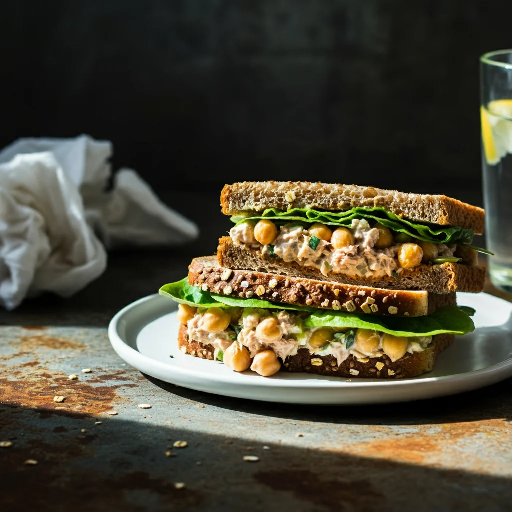 High-Protein Tuna and Chickpea Salad Sandwich A homemade tuna and chickpea salad sandwich with lettuce on whole-wheat bread, sliced diagonally on a white plate, set on a rustic surface with natural light.