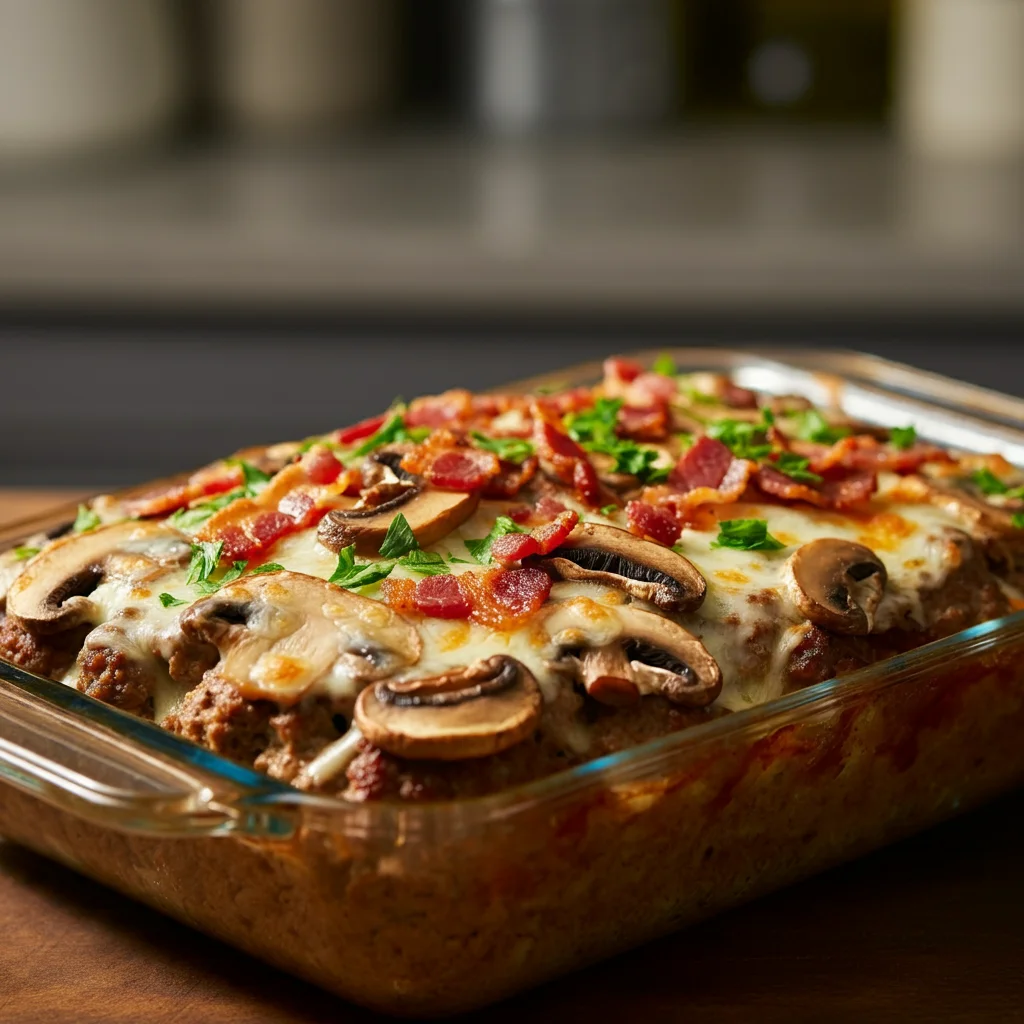 Savory Mushroom Swiss Bacon Meatloaf Handheld photo of freshly baked Mushroom Swiss Bacon Meatloaf Casserole topped with melted cheese, bacon, and mushrooms in a glass baking dish.