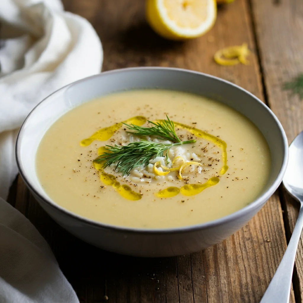 WW Avgolemono Soup Rustic handheld shot of a creamy bowl of WW Avgolemono Soup, garnished with dill, black pepper, and lemon zest, with lemon slices nearby.