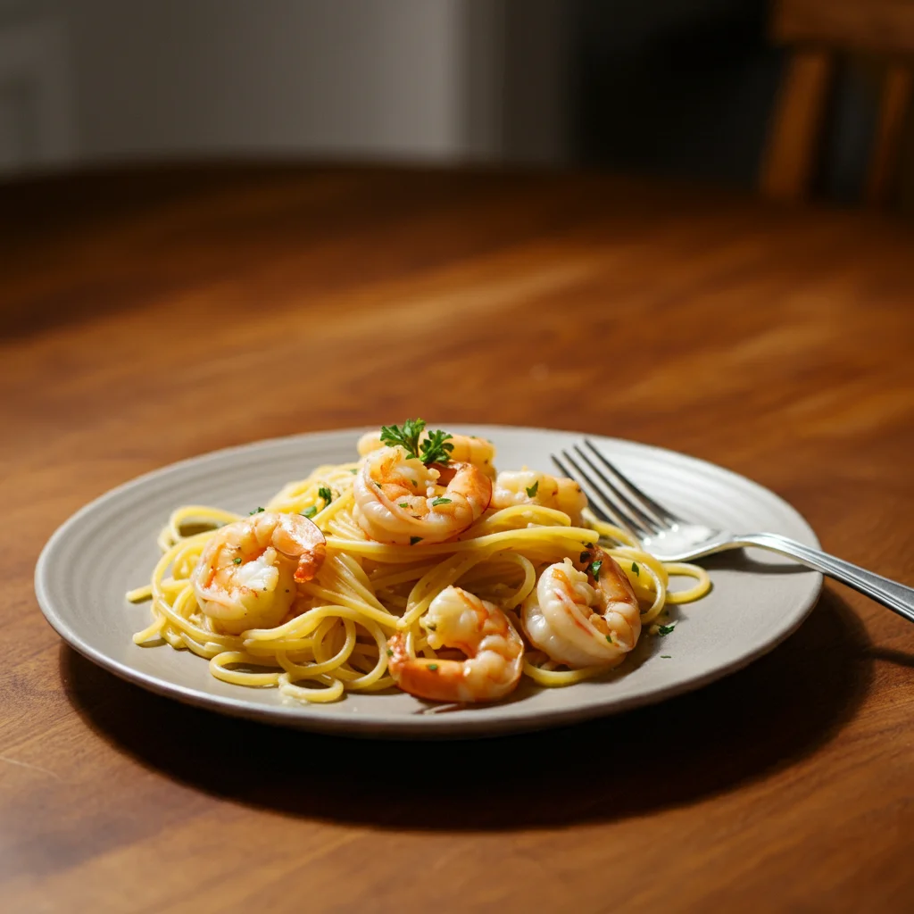 WW Shrimp Scampi Pasta Handheld shot of Shrimp Scampi Pasta on a plate, coated in garlic butter sauce, topped with parsley, and served with a fork on a wooden table.