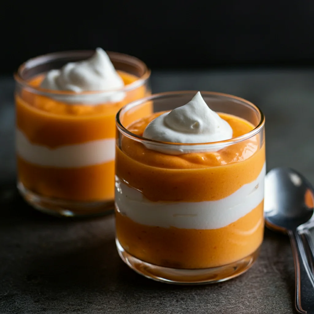 WW Greek Yogurt and Sugar-Free Jello Handheld shot of two glasses filled with orange WW Greek Yogurt and Sugar-Free Jello dessert, topped with whipped cream, set on a plain black background.