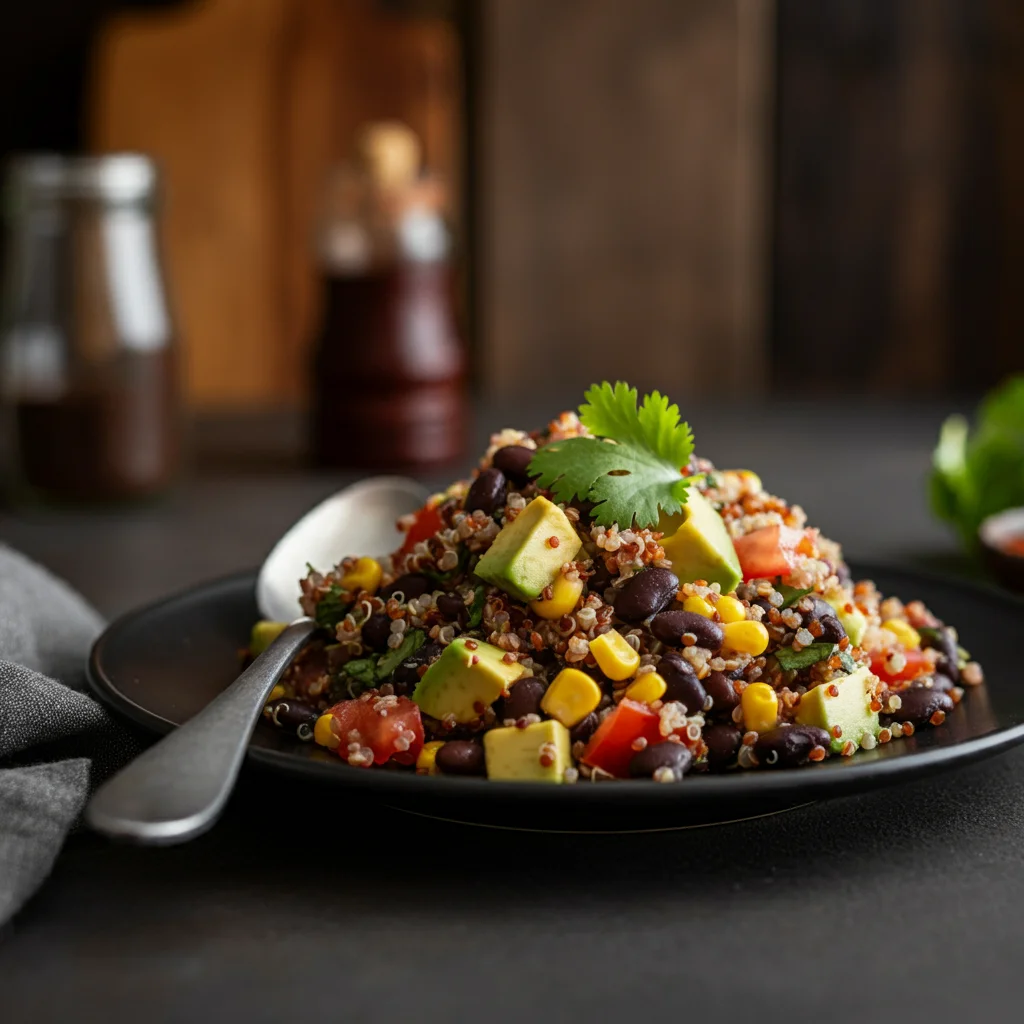 WW Black Bean Quinoa Salad Handheld shot of Black Bean Quinoa Salad on a black plate, featuring black beans, quinoa, avocado, corn, tomatoes, and cilantro, with a spoon resting on the plate.