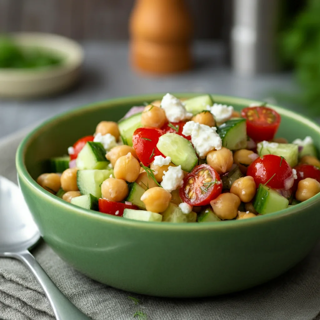 WW Chickpea Cucumber Feta Salad Side-angle shot of Cucumber Chickpea Salad in a green bowl, highlighting fresh ingredients like cucumber, tomatoes, and chickpeas, with a napkin in the background.