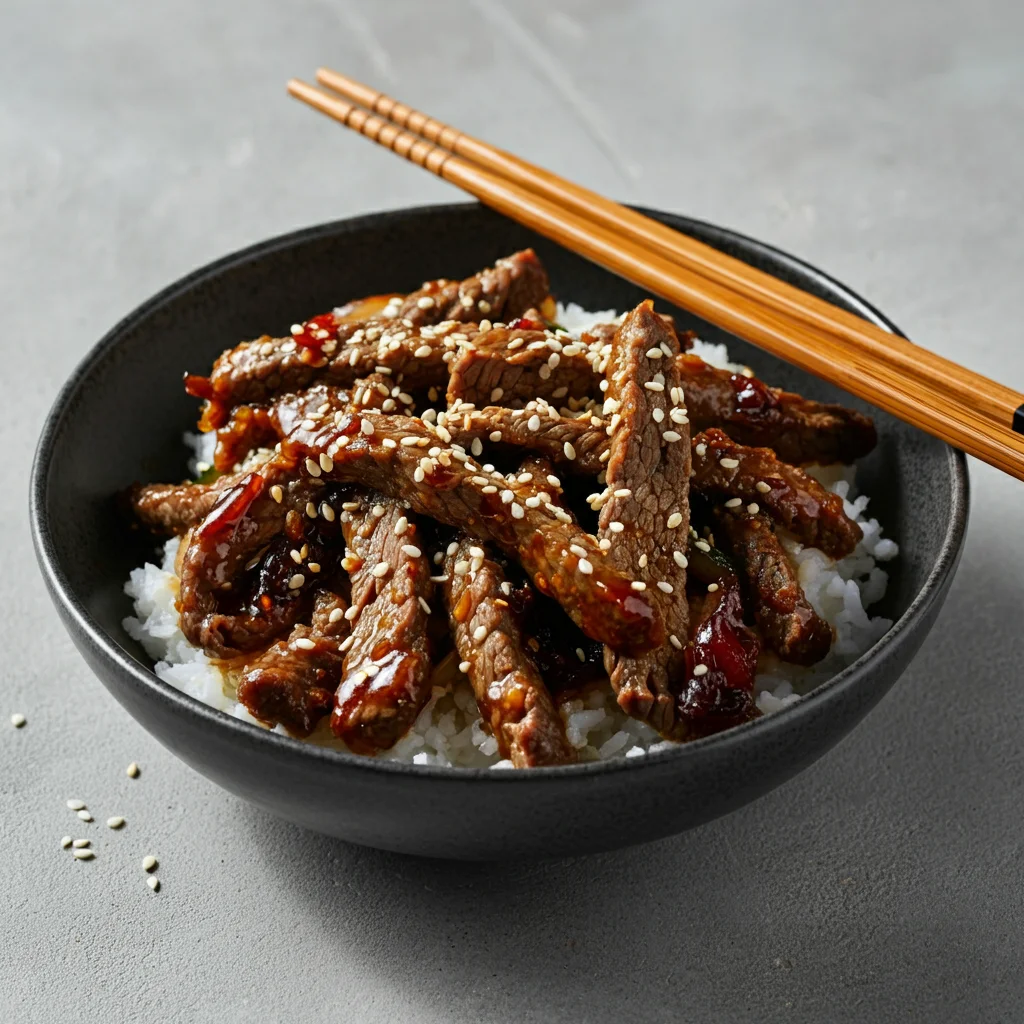 Keto Beef Bulgogi Handheld shot of Keto Beef Bulgogi in a black bowl, featuring caramelized beef strips glazed with soy-sesame sauce and sprinkled with sesame seeds, with chopsticks resting on the rim.