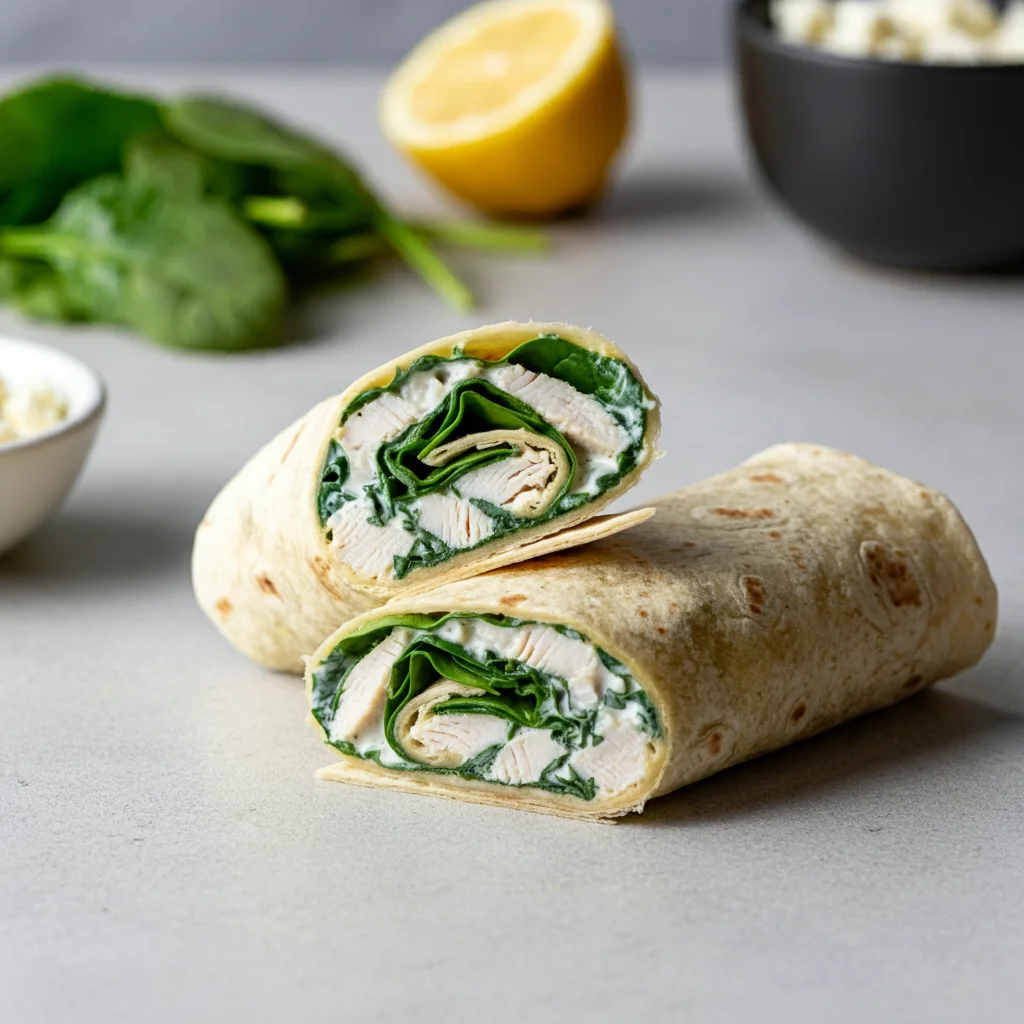 High-Protein Chicken, Spinach, and Feta Wraps Sliced High-Protein Chicken, Spinach, and Feta Wraps on a countertop with visible spinach layers. Lemon and feta in the background for a homemade vibe.