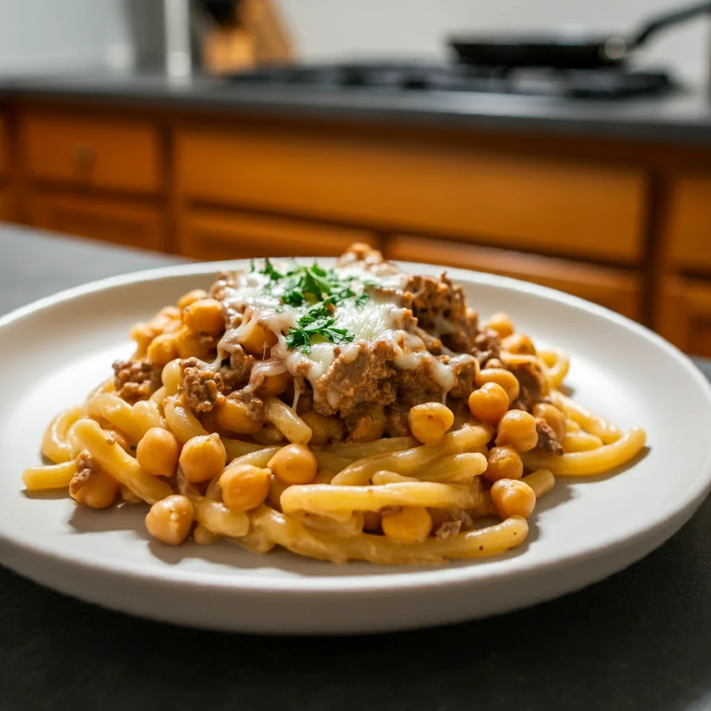 High-Protein Philly Cheesesteak Chickpea Pasta A plate of creamy High-Protein Philly Cheesesteak Chickpea Pasta garnished with parsley, captured casually in a home kitchen setting.