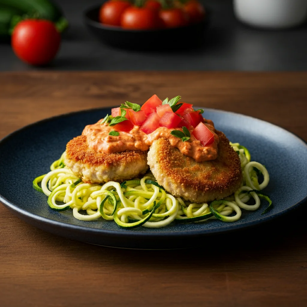 High-Protein Chicken Cutlets and Zoochi Noodles High-Protein Chicken Cutlets and Zoochi Noodles on a blue plate, topped with creamy tomato sauce and garnished with herbs, captured in a casual, home-style photo.