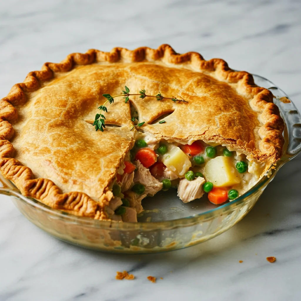 High-Protein Chicken Pot Pie Freshly baked crustless chicken pot pie in a glass dish, golden-brown crust with a wedge removed to reveal chicken, peas, and vegetable filling, garnished with thyme.