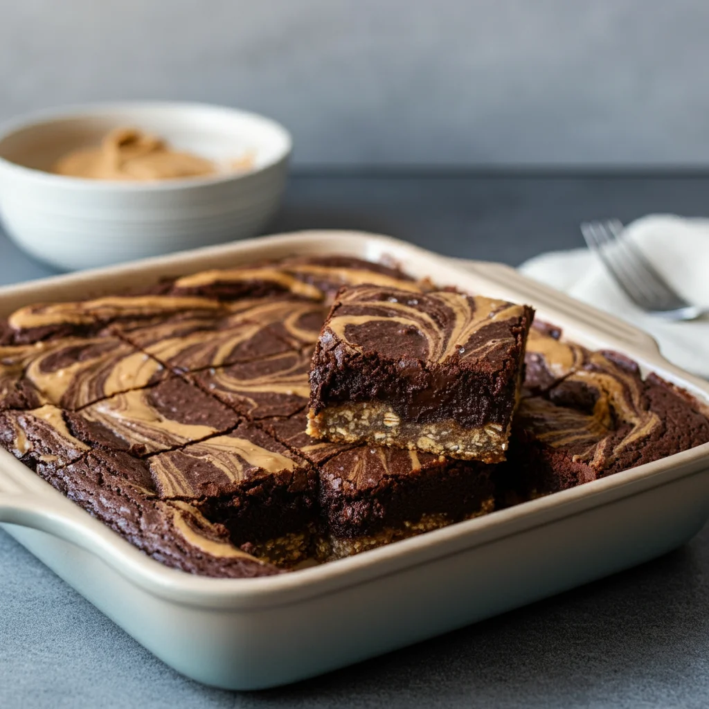 High-Protein Peanut Butter Brownie Baked Oats Freshly baked High-Protein Peanut Butter Brownie Baked Oats sliced into squares with peanut butter swirls on a kitchen counter.