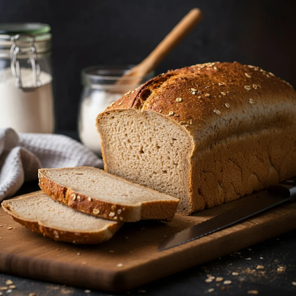 WW Homemade Bread Freshly baked WW Homemade Bread loaf with slices on a cutting board in a casual kitchen setting." Second Angle.