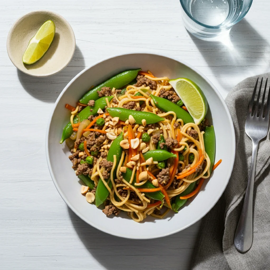 High-Protein Ground Beef and Snap Pea Rice-Noodle Stir-Fry A bowl of High-Protein Ground Beef and Snap Pea Rice-Noodle Stir-Fry, photographed casually with a fork, napkin, and water glass nearby.