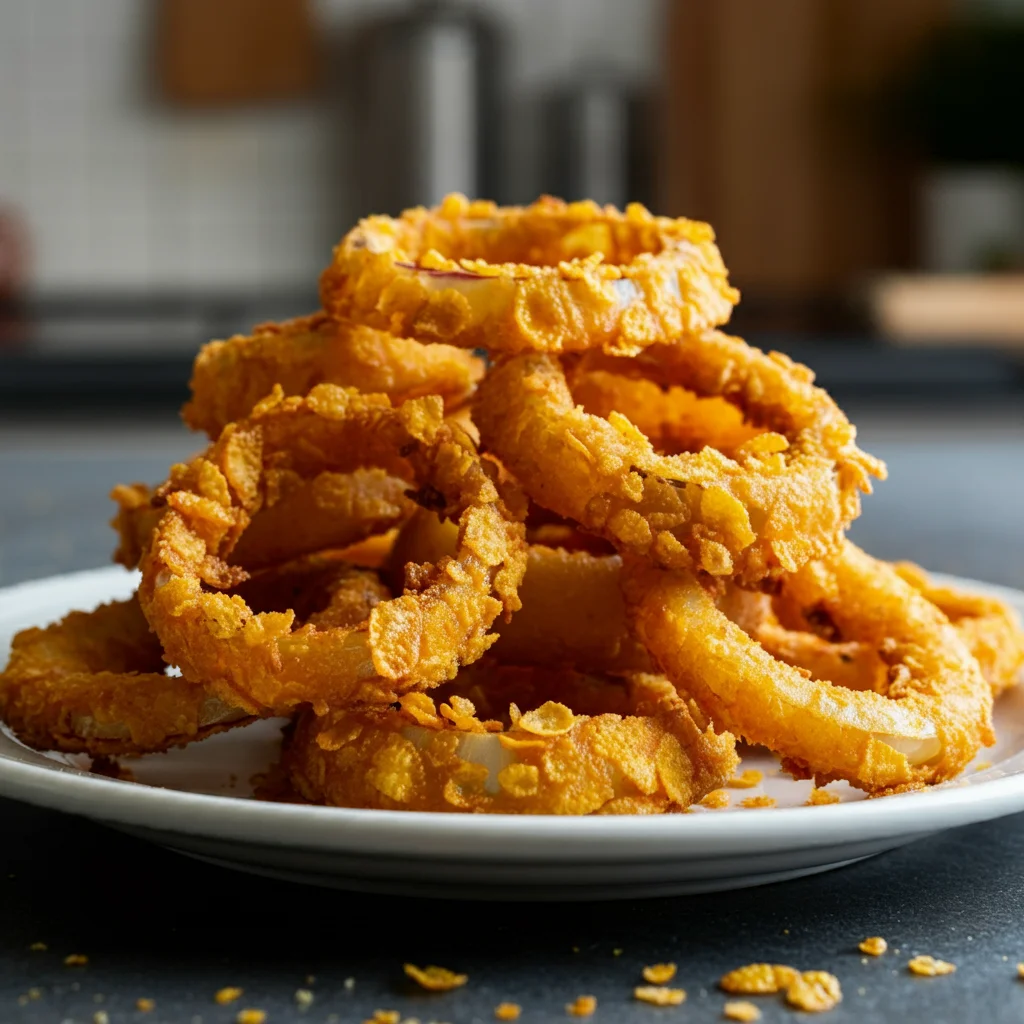 WW Onion Rings Side view of a plate of baked WW onion rings, showing golden, crunchy texture with a soft, blurred background.