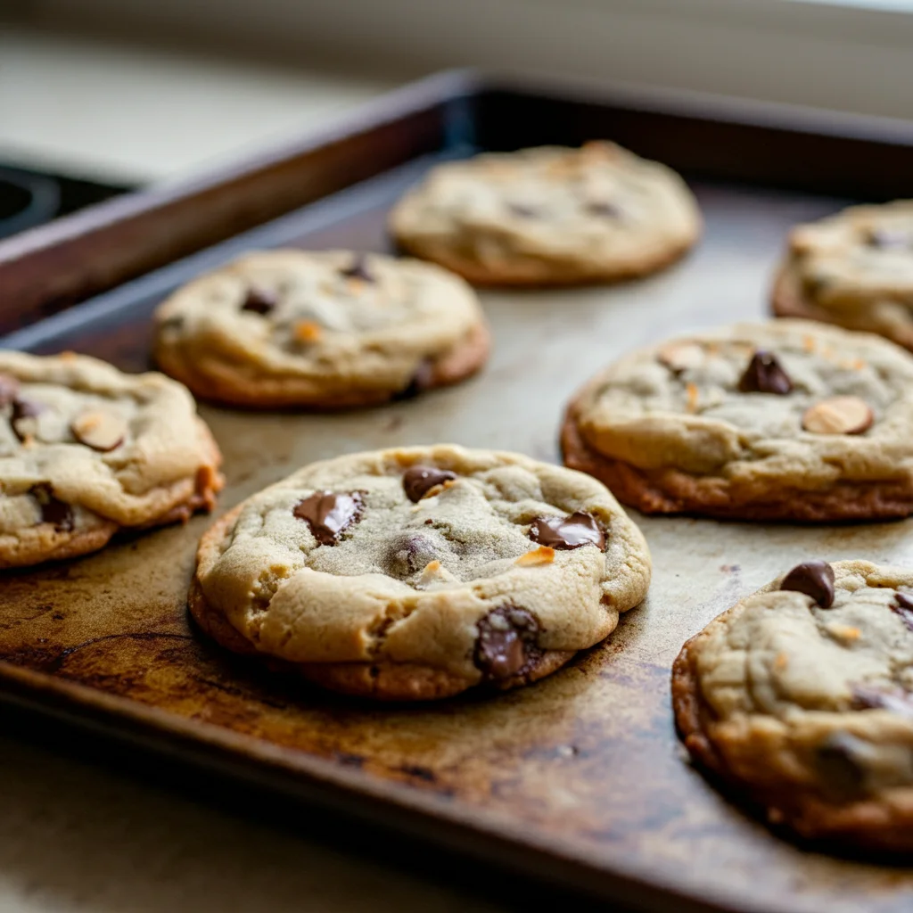 4-Ingredient Almond Joy Cookies Close-up of freshly baked Almond Joy Cookies on a baking sheet, showing golden edges, chocolate chips, and coconut bits.