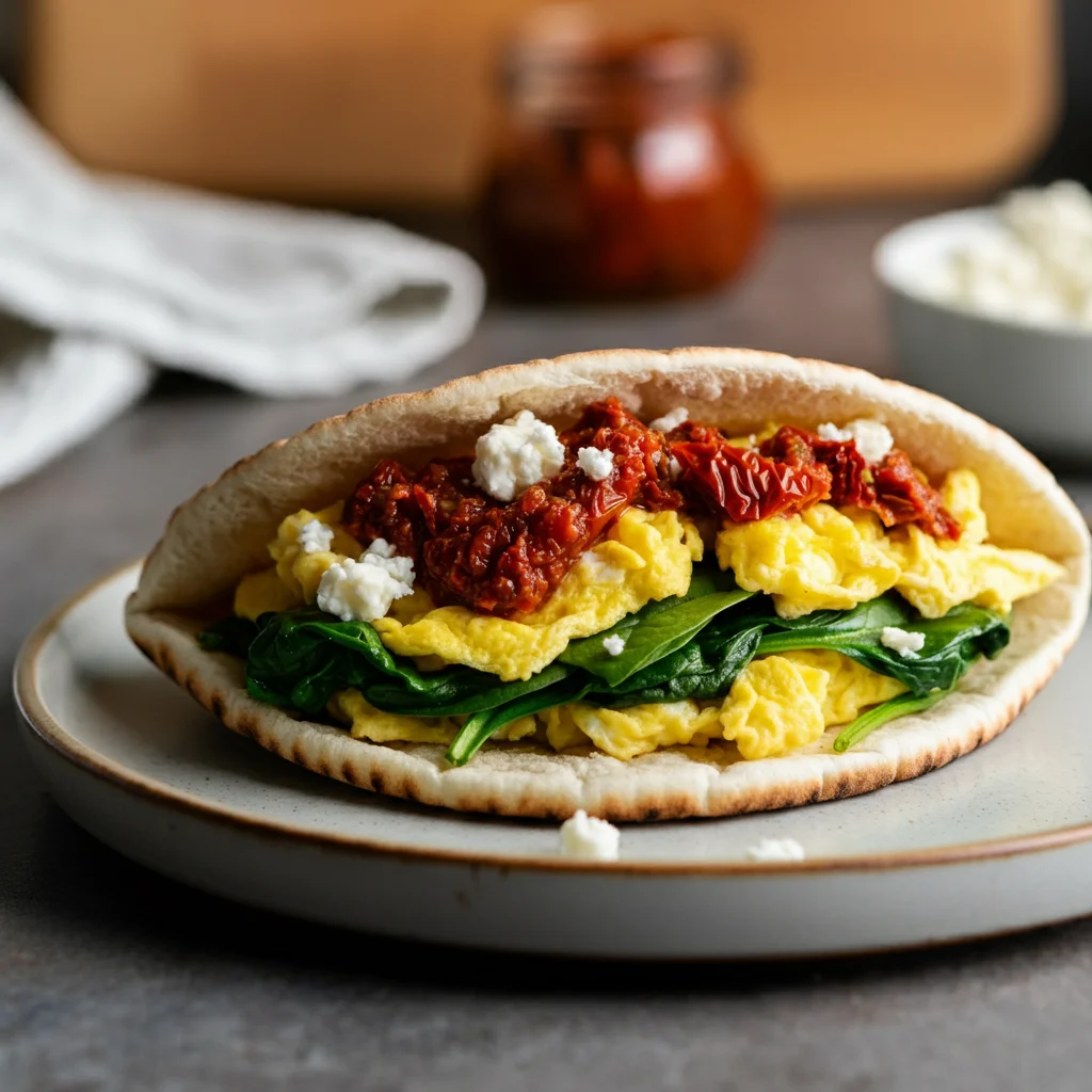 High-Protein Spinach & Feta Scrambled Egg Pitas Casual mobile photo of Spinach and Feta Scrambled Egg Pitas on a plate, filled with scrambled eggs, spinach, and feta, surrounded by scattered ingredients.