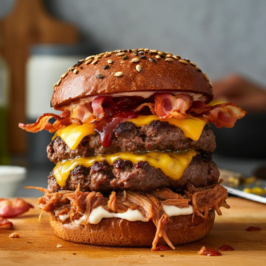 Stacked Carnivore Burgers Stacked carnivore burger with bacon, cheese, beef patty, fried egg, and pulled pork on a messy kitchen counter with natural lighting.