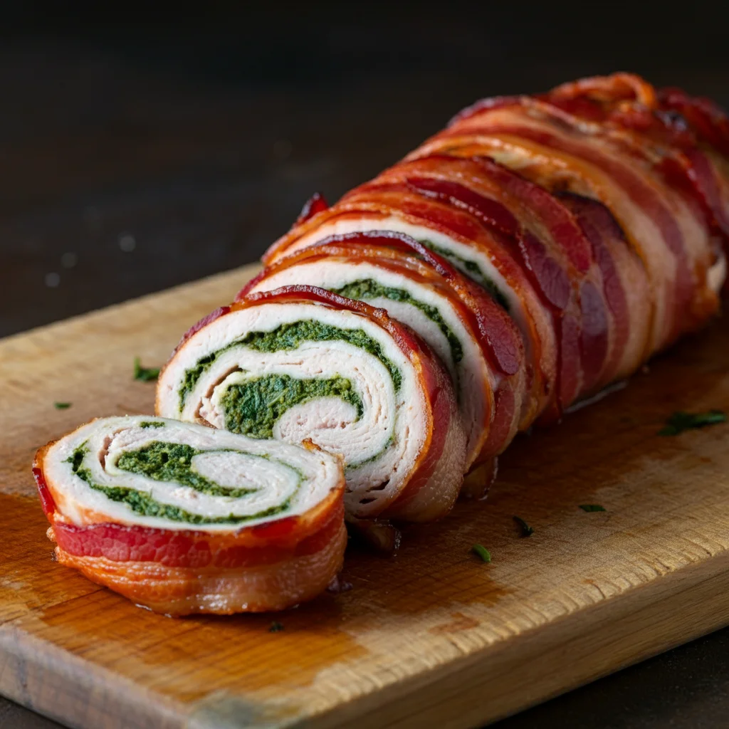 Tuscan
Turketta Sliced Turketta on a wooden cutting board, showing tender turkey, herb filling, and crispy bacon, with natural lighting and a rustic, casual vibe.