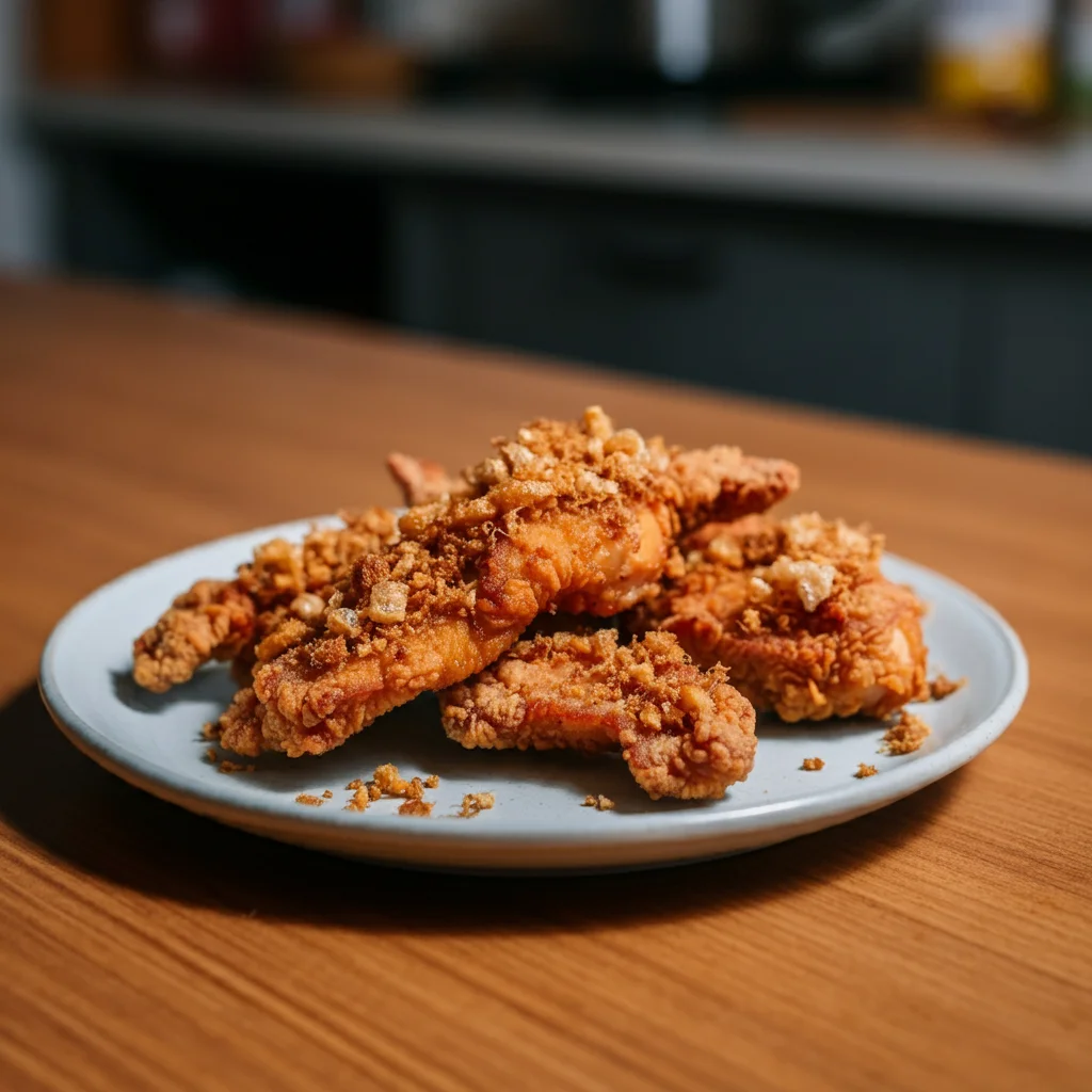 Carnivore Fried Chicken Strips White plate of crispy golden-brown chicken strips on a wooden table, casually photographed with natural light.