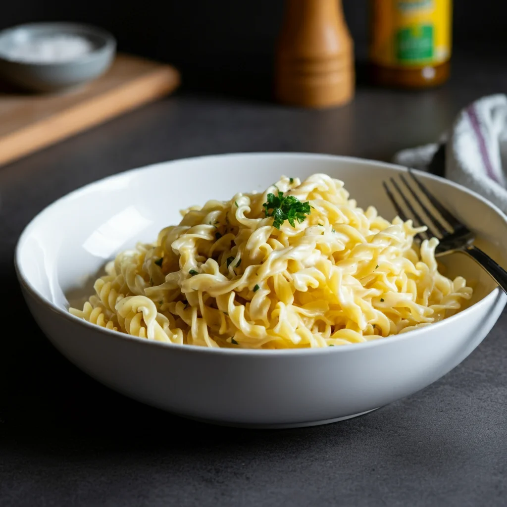 Carnivore Egg Noodles Freshly prepared carnivore egg noodles in a white bowl, coated in creamy sauce, garnished with parsley, with a casual kitchen background.