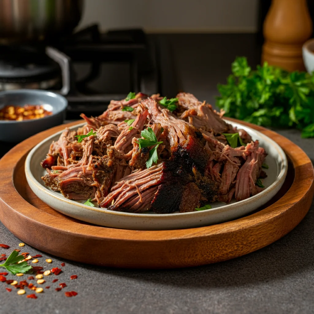 Carnivore Chuck Roast Shredded carnivore chuck roast on a wooden platter, garnished with parsley and drizzled with buttery juices, taken at a casual angle.