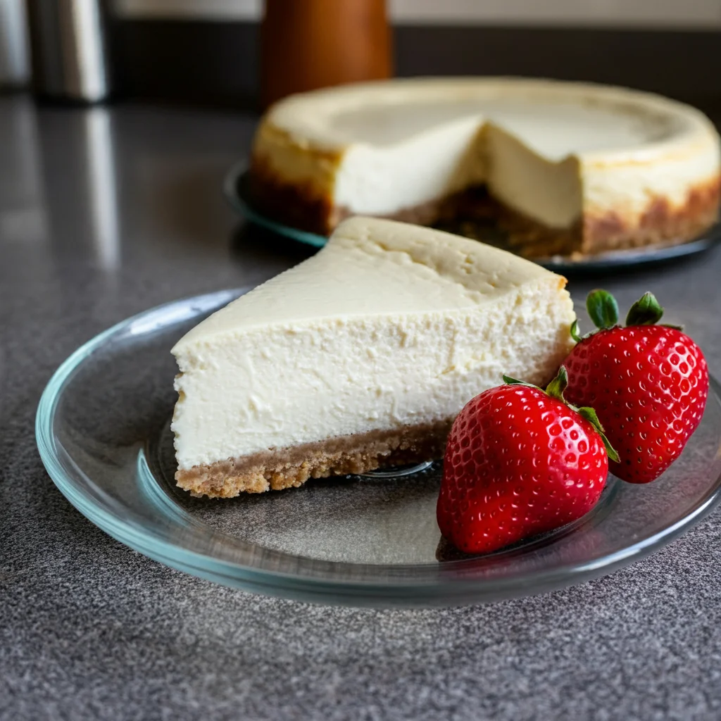 Zero Point Cheesecake Slice of creamy zero-point cheesecake on a clear glass plate with fresh strawberries on the side, taken from a handheld angle on a gray countertop.