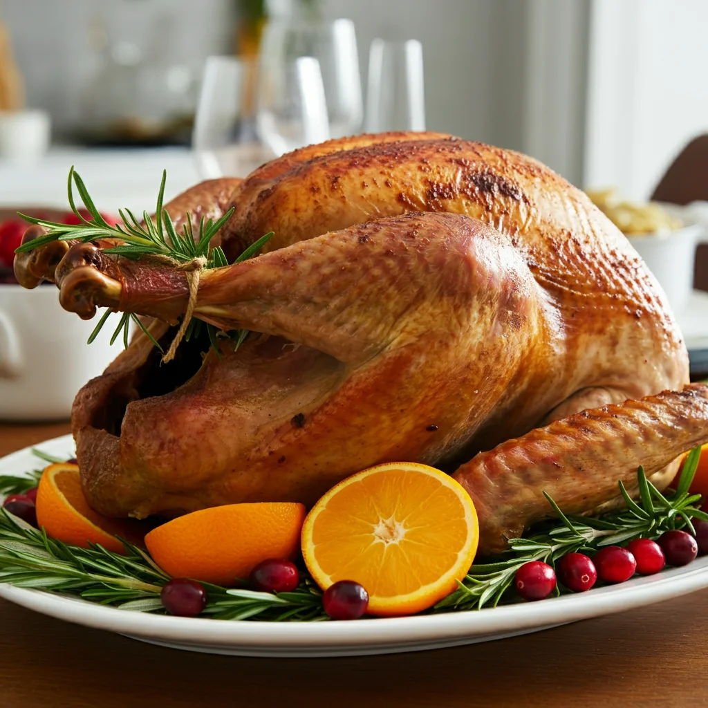 Carnivore Roasted Turkey Handheld photo of roasted turkey on a white platter with rosemary, cranberries, and oranges in a casual holiday setting.