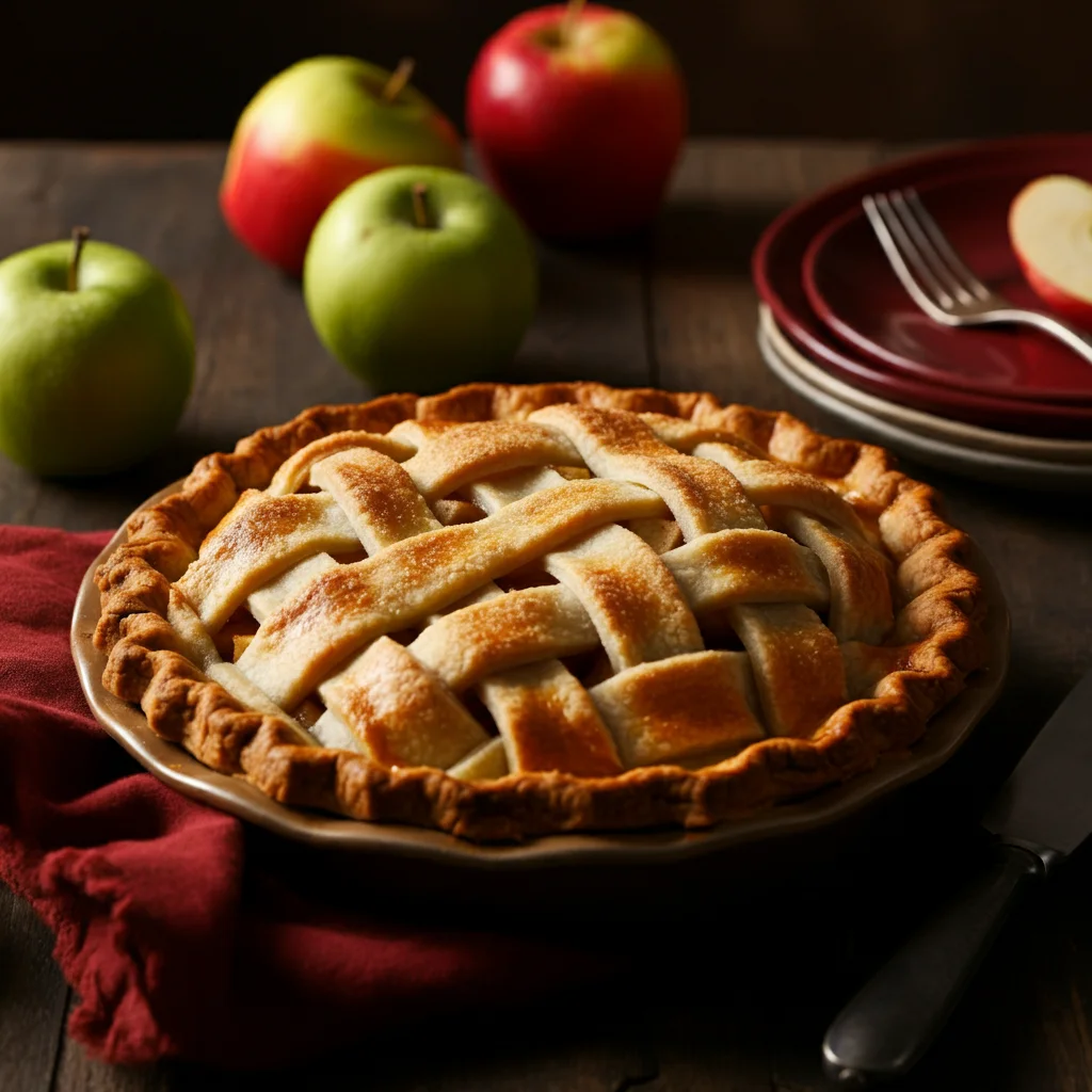 Granny Smith Apple Pie Freshly baked Granny Smith apple pie with golden lattice crust, captured on a rustic table with apples and a red napkin in the background.