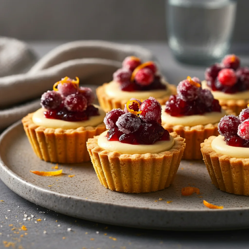 Mini Cranberry-Cheesecake Pies Mini Cranberry-Cheesecake Pies on a plate, topped with sugared cranberries and orange zest, captured in casual, natural lighting.