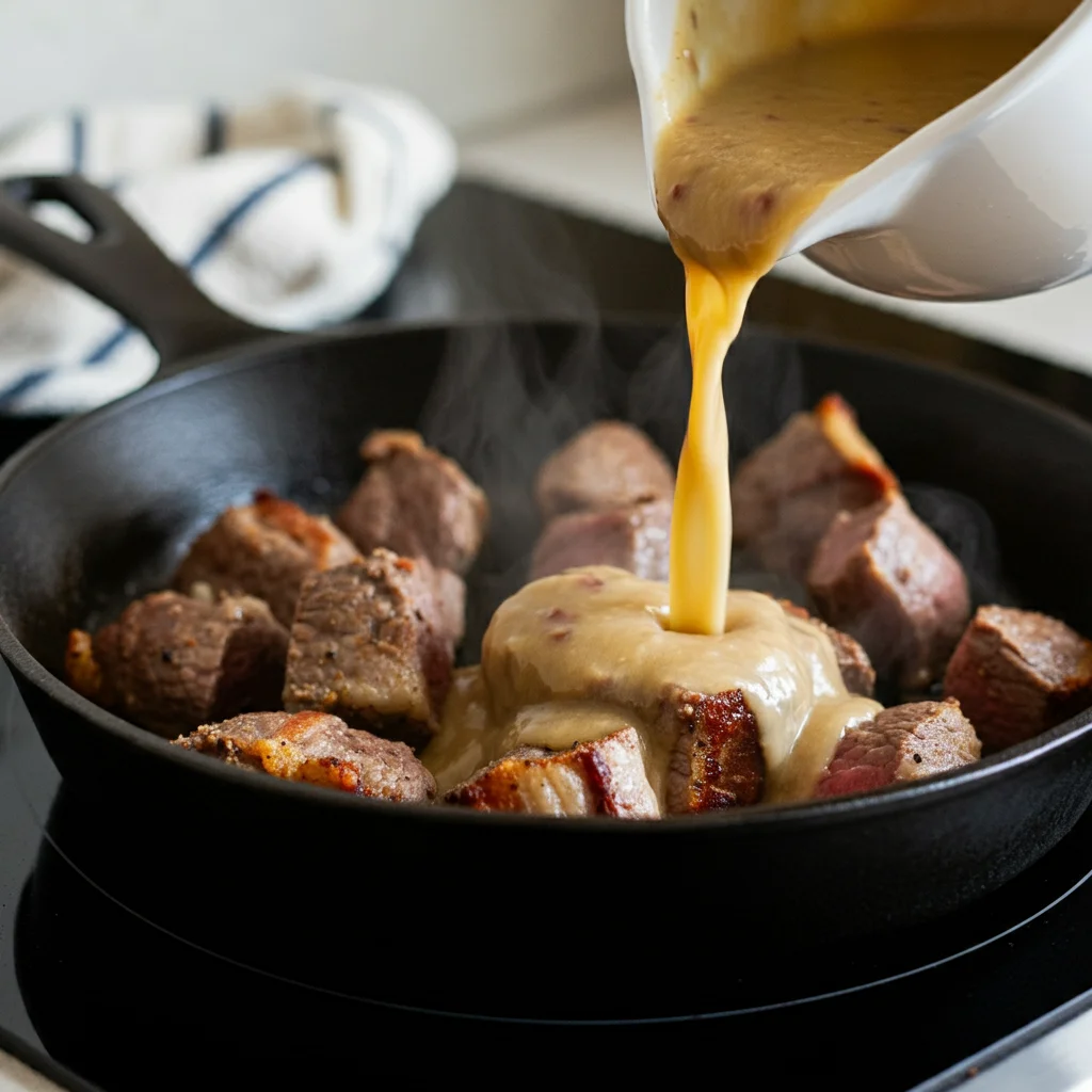 Carnivore Gravy Gravy poured over roasted meat in a black skillet, captured with a handheld mobile camera.