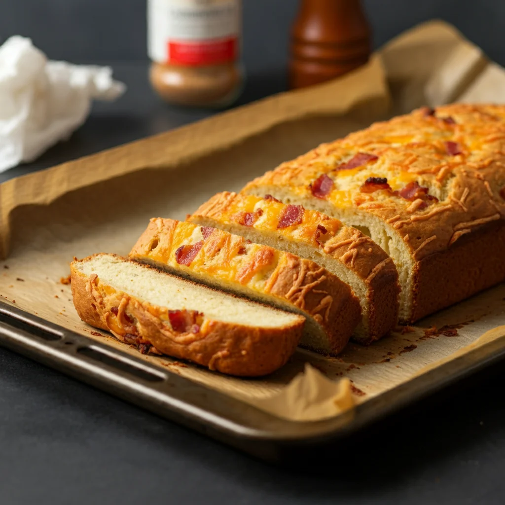 Carnivore Cheese Bacon Bread Thin slices of Carnivore Cheese Bacon Bread on a parchment-lined tray, with golden cheese and crispy bacon in a casual, handheld-style photo.