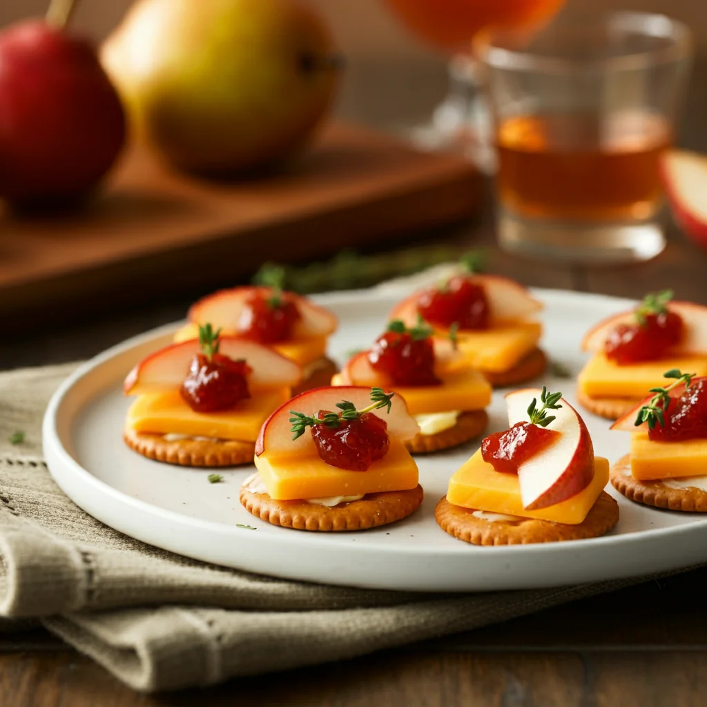 Spicy Pear-And-Cheddar Bites Spicy Pear-And-Cheddar Bites on a white plate, topped with cheddar, pear slices, pepper jelly, and thyme, in a cozy homemade dining setup.