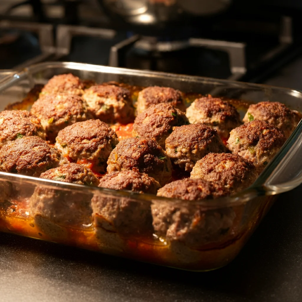 Carnivore Meatballs with Beef Heart Freshly baked meatballs in a glass dish with natural juices, captured casually in a warm kitchen setting.