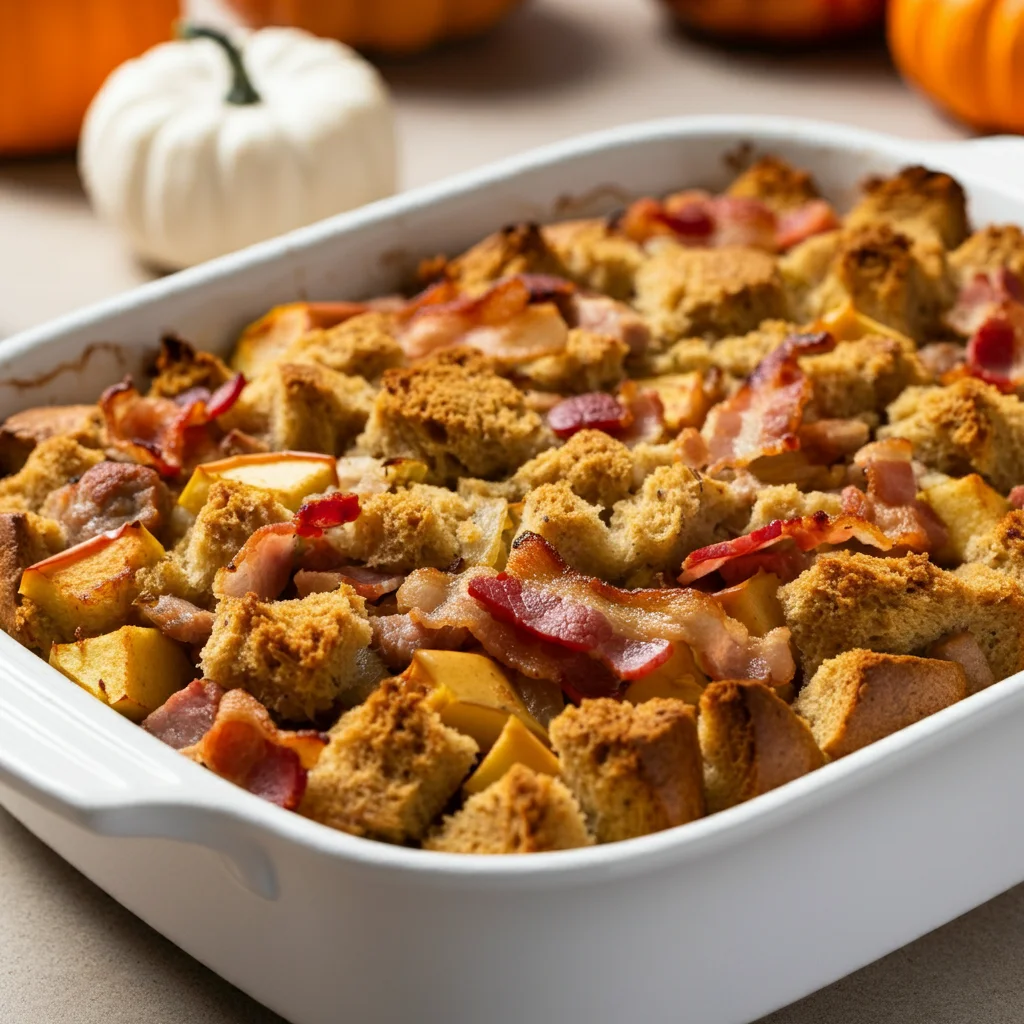 Animal-Based Thanksgiving Stuffing Handheld photo of freshly baked animal-based Thanksgiving stuffing in a white dish with golden-brown squash, apples, pork, and bacon.