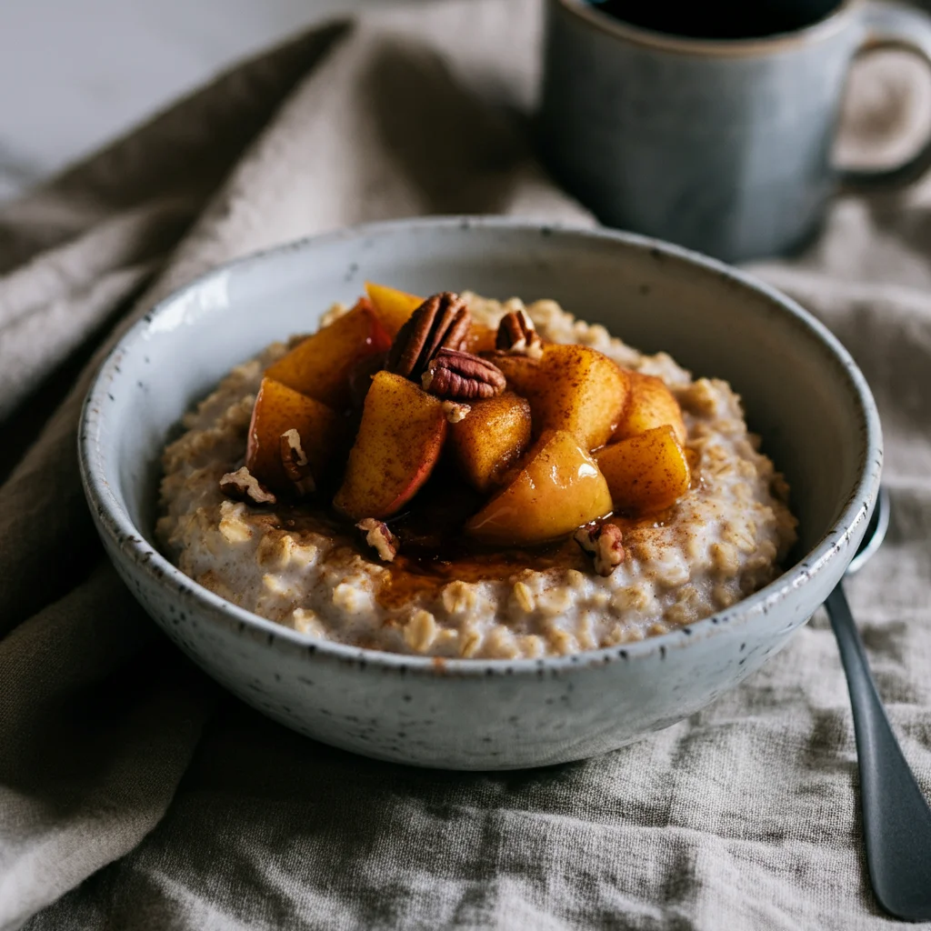 Warm Apple Cinnamon Oatmeal Handheld close-up of a bowl of Warm Apple Cinnamon Oatmeal with caramelized apples, cinnamon, and pecans, placed on a linen cloth with a coffee mug in the background.