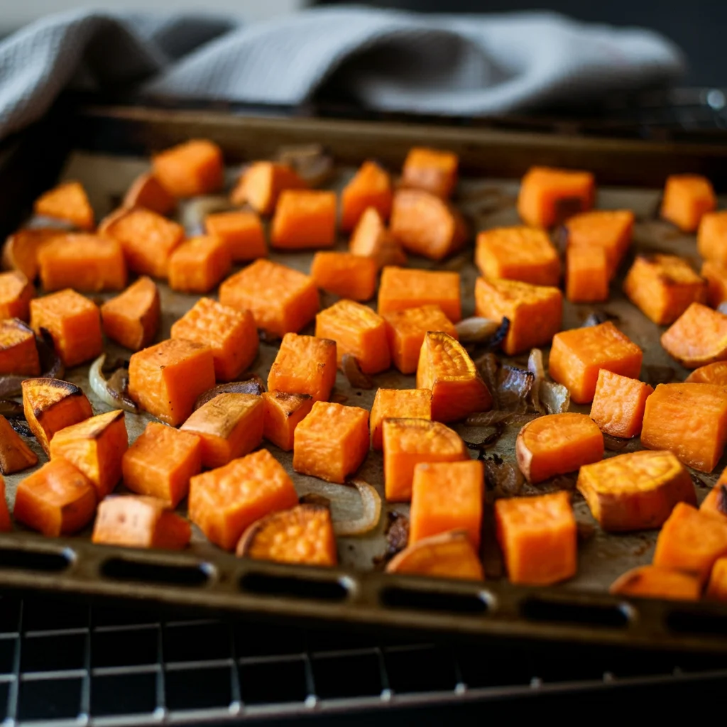 WW Roasted Sweet Potatoes Tray of roasted sweet potatoes and onions with crispy edges on a cooling rack in a casual kitchen setting.