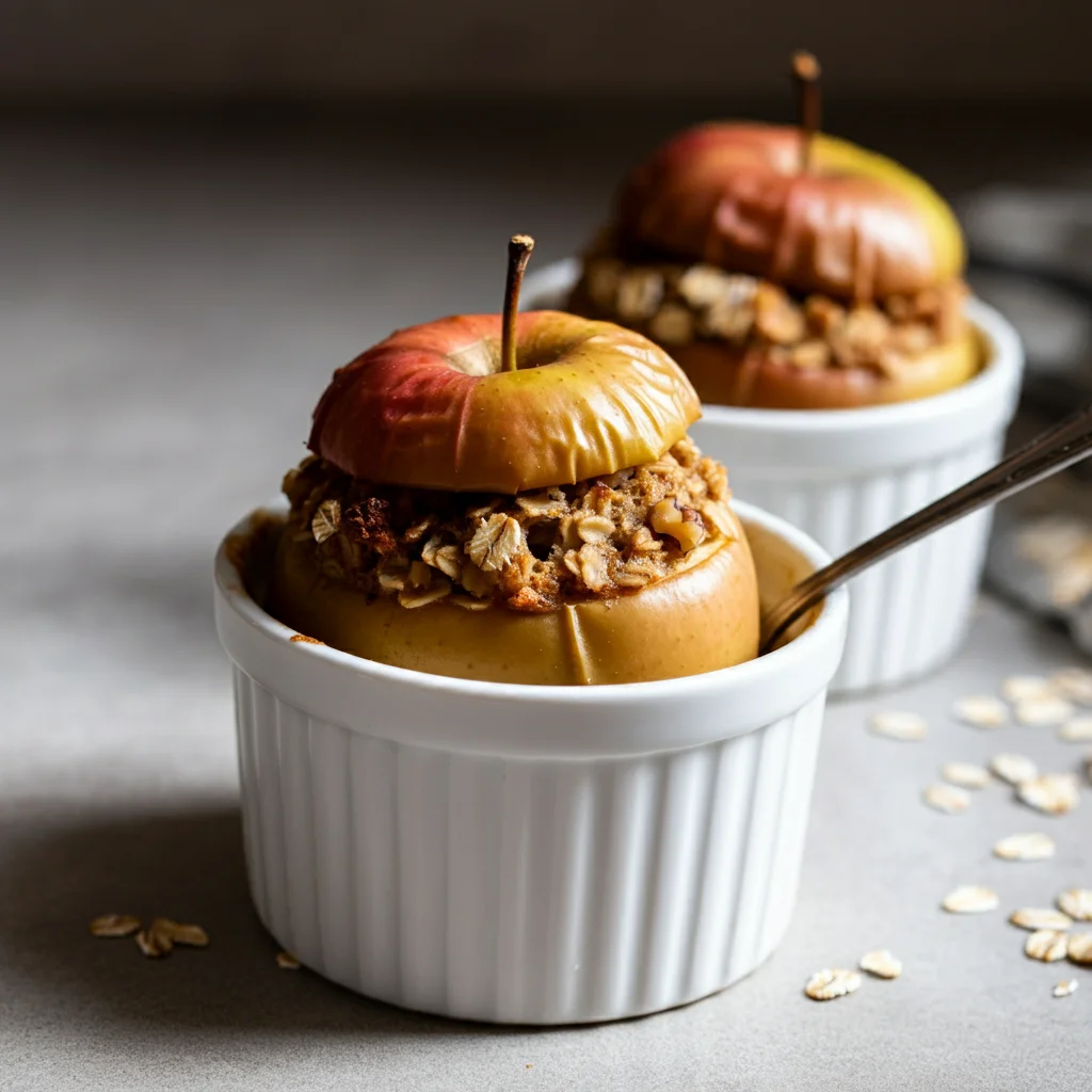 WW Baked Oat & Walnut-Stuffed Apple Side-angle handheld photo of baked oat and walnut-stuffed apple in a ramekin with textured filling, spoon on edge, and soft natural light.