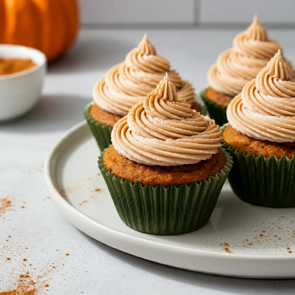 Keto Pumpkin Spice Latte Cupcakes Keto Pumpkin Spice Latte Cupcakes with cream cheese frosting on a plate, casually photographed from above on a white countertop.