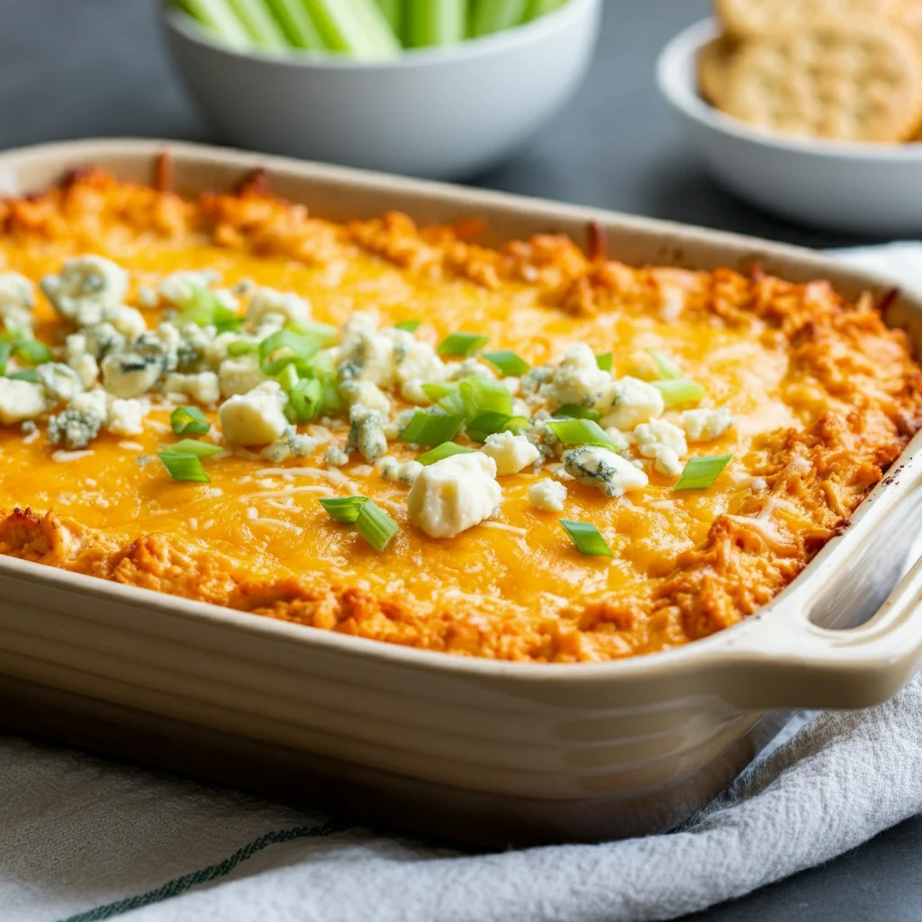 Keto Buffalo Chicken Dip Golden, bubbly Keto Buffalo Chicken Dip in a white dish, topped with blue cheese and green onions, placed on a towel with celery and crackers nearby.