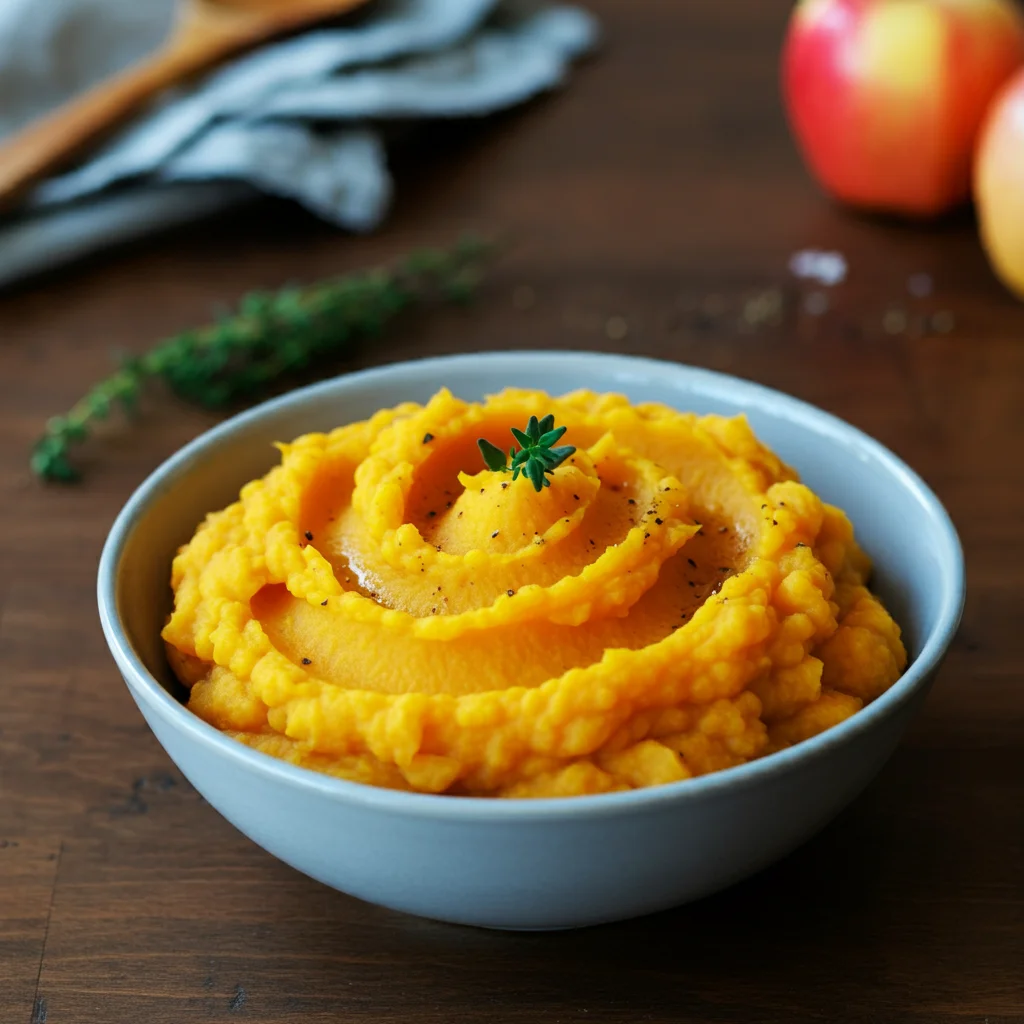 Mashed Butternut Squash with Apples Mashed butternut squash with apples in a rustic bowl, garnished with thyme and pepper, on a wooden table with natural lighting.