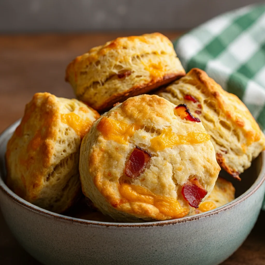 Keto Bacon & Cheese Biscuits Golden brown Keto Bacon and Cheese Biscuits in a rustic bowl with visible bacon and cheese, casually shot on a kitchen counter with a green napkin.