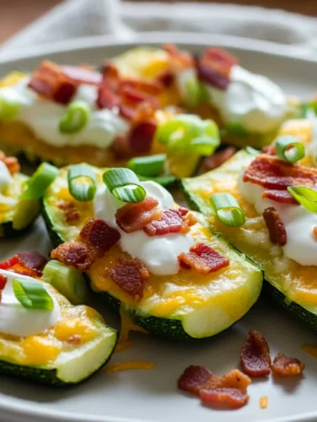 Keto Loaded Zucchini Skins Side-angle shot of Keto Loaded Zucchini Skins highlighting golden cheese, bacon, and green onions on a white plate in natural lighting.