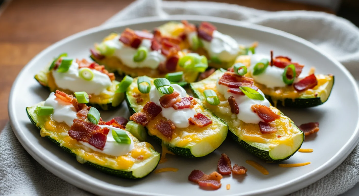 Keto Loaded Zucchini Skins Side-angle shot of Keto Loaded Zucchini Skins highlighting golden cheese, bacon, and green onions on a white plate in natural lighting.