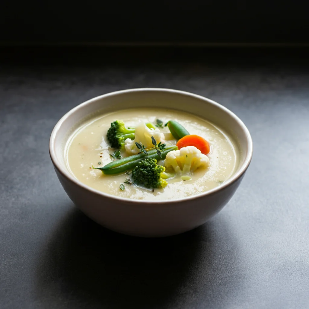 Zero Point Weight Watchers Cauliflower Soup Cozy bowl of WW Cauliflower Soup with cauliflower, green beans, carrots, and broccoli, garnished with thyme in casual, warm lighting.