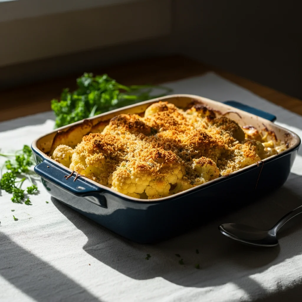 WW Cauliflower Gratin with Crispy Panko Topping Baked cheesy cauliflower gratin in a blue dish on a light tablecloth with natural lighting.