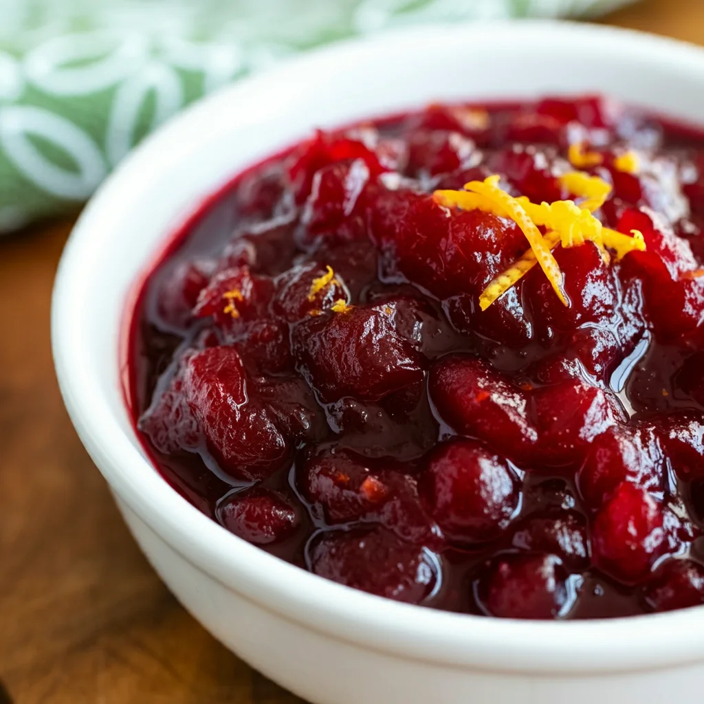 Keto Cranberry Sauce Close-up of keto cranberry sauce in a white bowl, showing cranberries, orange zest, and a cinnamon stick on a wooden table with a green towel.