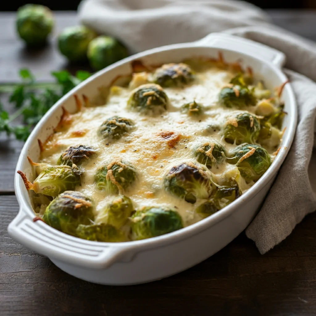 Keto Creamed Brussels Sprouts Handheld photo of Keto Creamed Brussels Sprouts in a white casserole dish, topped with golden mozzarella and fresh chives on a wooden table.