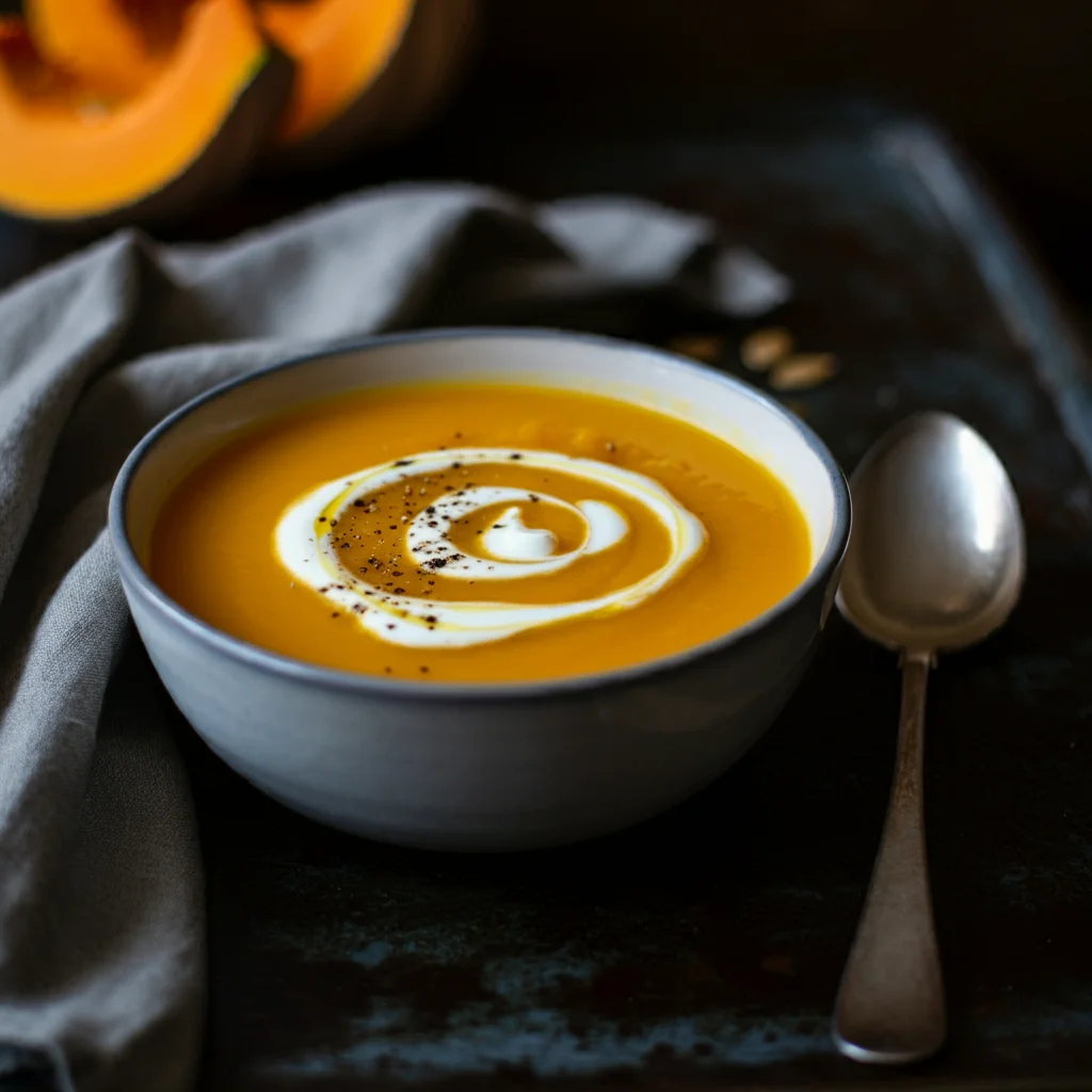 Pumpkin Soup Casual photo of pumpkin soup topped with a yoghurt swirl and pepper, on a rustic table with a spoon and simple decor.