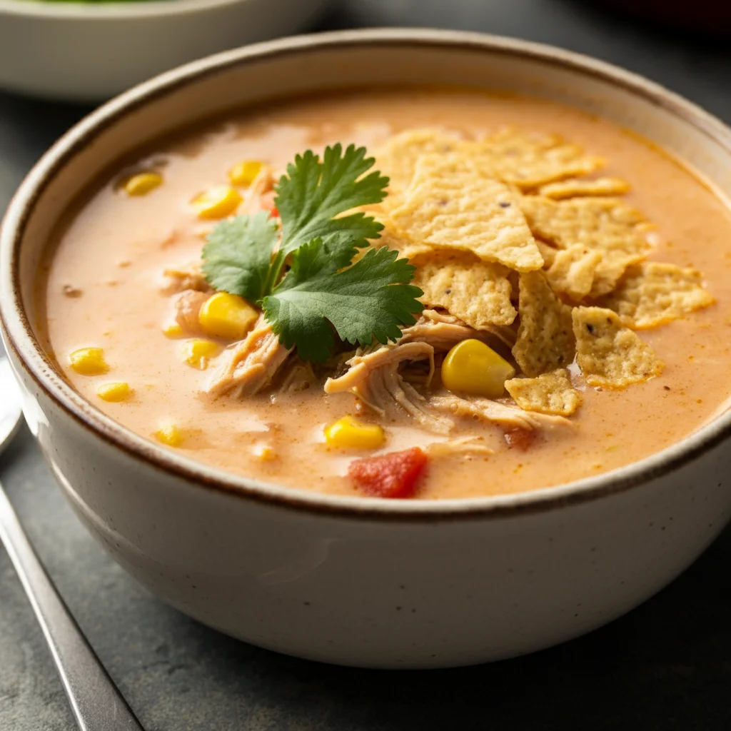 0-Point Creamy Chicken Tortilla Soup Close-up of WW Creamy Chicken Tortilla Soup in a rustic bowl, with shredded chicken, corn, and crushed tortilla chips on top.