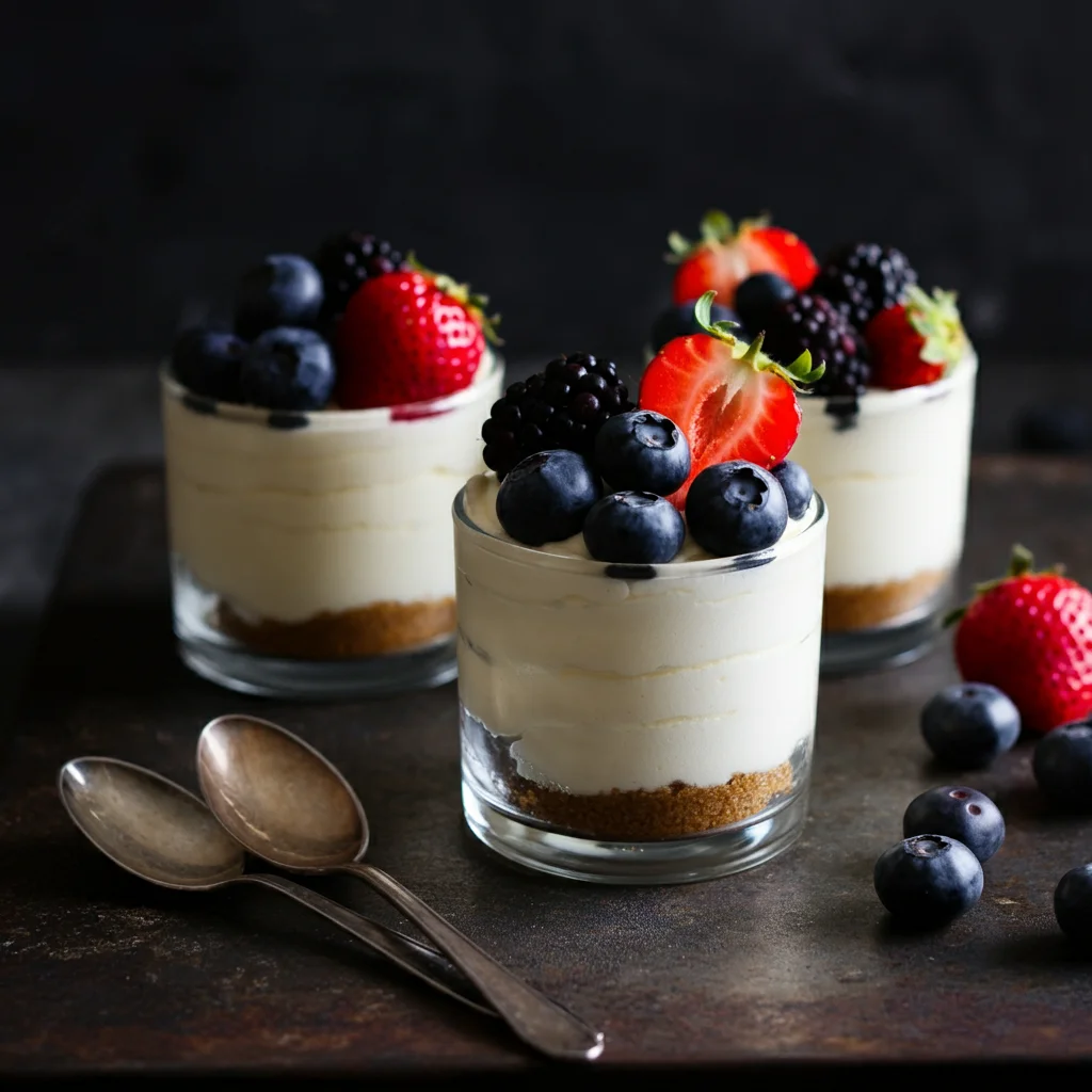 Ultimate Fluffy Keto Cheesecake Keto fluffy cheesecake in glass cups, topped with strawberries and blueberries on a rustic dark surface, casually captured with a mobile camera.