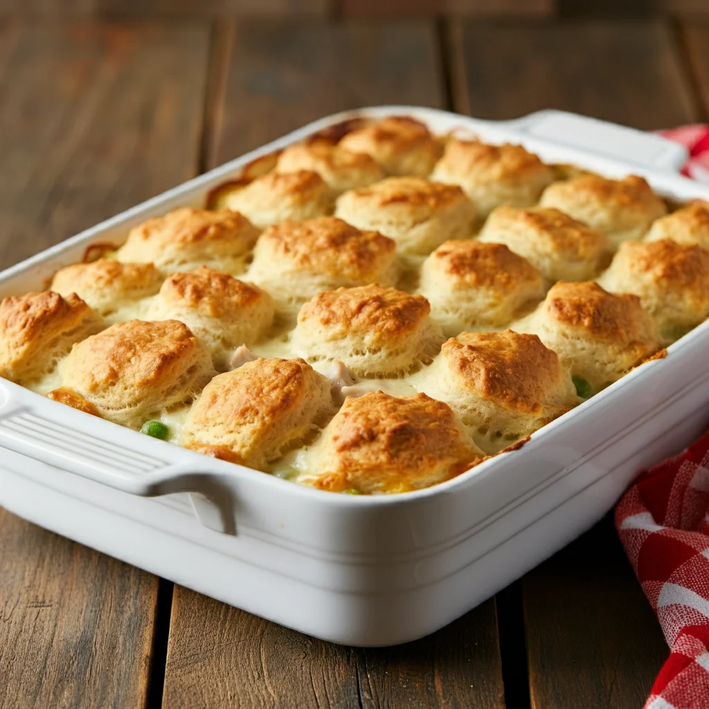 Chicken Pot Pie Bubble Up Casserole Baked Chicken Pot Pie Bubble Up Casserole in a white dish with golden biscuits on top, on a wooden countertop with a checkered cloth beside it.