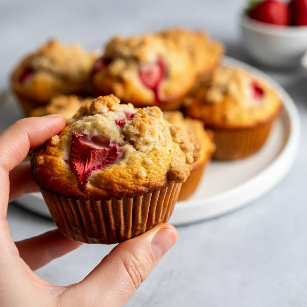 WW Strawberry and Cottage Cheese Muffins Hand holding a WW Strawberry and Cottage Cheese Muffin with more muffins on a white plate in the background, shot in soft natural light.